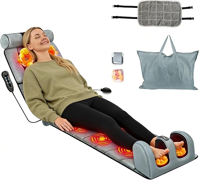 Full Body Massage Mat with Heat, 10 Vibration Nodes Massage Chair Pad with 3 Heating Levels , Multifunctional Full Body Relaxation Seat Back Massager with Head Neck Foot Massage Pillow for Home Office