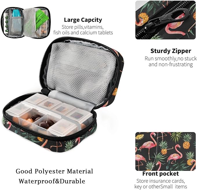 Fustylead Watercolor Vibrant Pink Flamingo and Pineapple Pill Organizer and Storage Weekly with Zipper, Removable Pill Box Portable Medicine Organizer for Vitamin Fish Oil Supplement