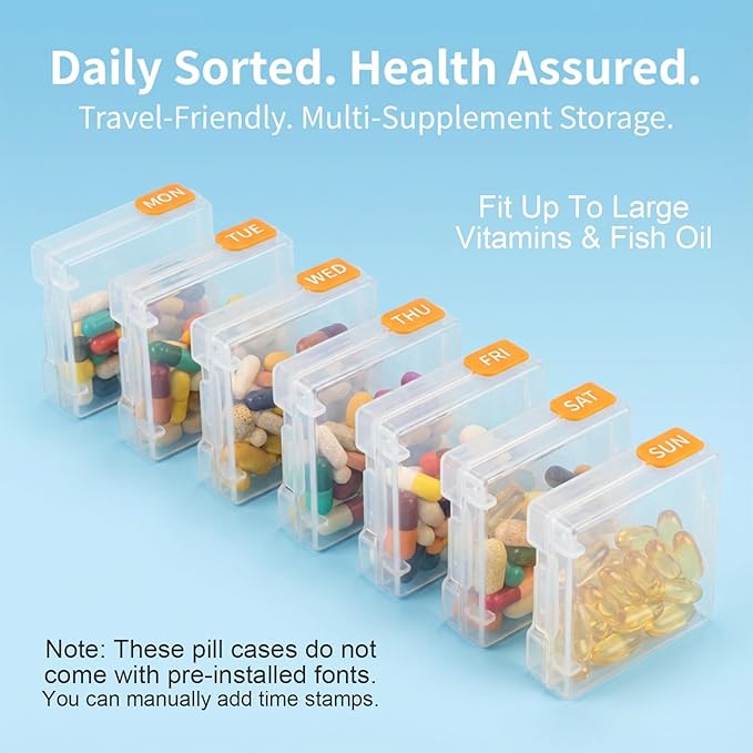 114PCS Travel Pill Organizer - RAINFLOW Bpa Free Pill Bags for Travel, Pack of 50 Clear Label Writing Baggies 50 Mylar Bags 7 Colors Small Ziplock Bag 7 Pill Box AM PM Supplements Baggies