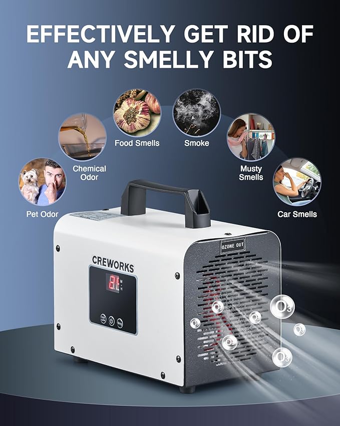 CREWORKS Digital Ozone Generator, 35000 mg/h High Capacity Ozone Machine for Car Home Smoke Pet Odor Removal, Commercial Ozone Odor Eliminator Air Purifier with Adjustable Settings for 3200 sq ft Room