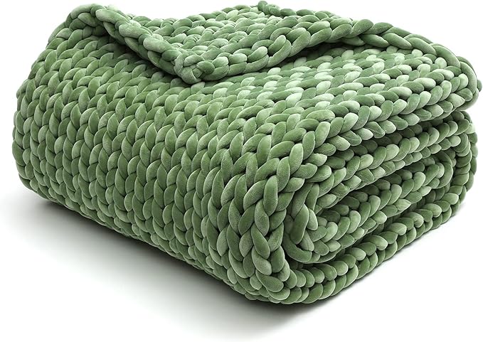 YnM Velvet Knitted Weighted Blanket, Hand Made Chunky Knit Weighted Throw for Sleep, Stress or Home Décor, Rest and Relax in Style Weighted Blankets (Avocado Green, 50''x60'' 10lbs)