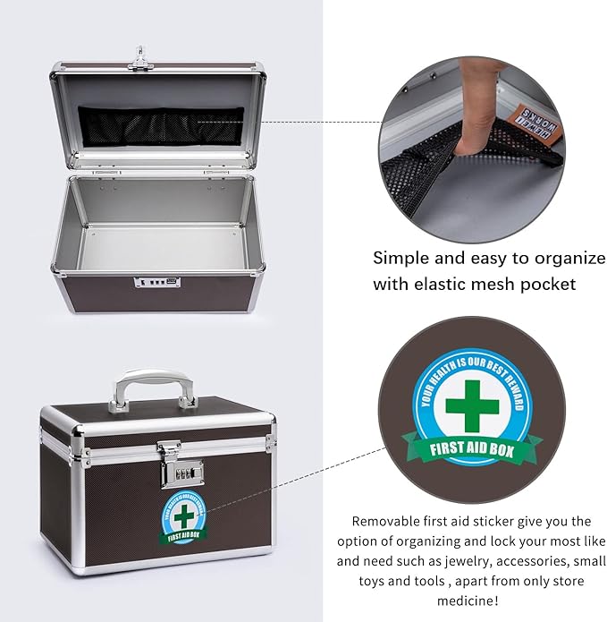 Lockable Medication Box with Portable Storage Case, 10.2''x 6.8''x 6.8'', Childproof Medicine Lock Organizer， Lockbox for Secure Cash, Jewelry, ID Documents (Coffee/Small)