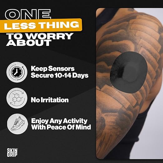 Skin Grip MAX Freestyle Libre 2 Sensor Covers Waterproof, Non-Fraying, Extreme CGM Tape, Continuous Glucose Monitor Patch, Libre Sensors Protection Covers, 10-Pack, Black