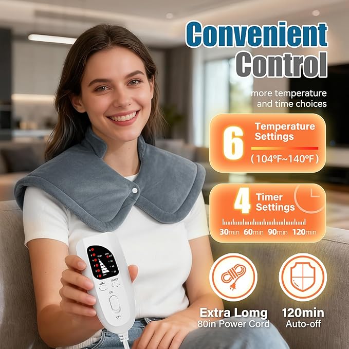 Weighted Heating Pad for Neck & Shoulders - 6 Heat Settings, 4 Timers, Auto Off - Electric Heating Pad for Back Pain Relief - Gift for Women/Men, Mom/Dad, Birthday, Christmas