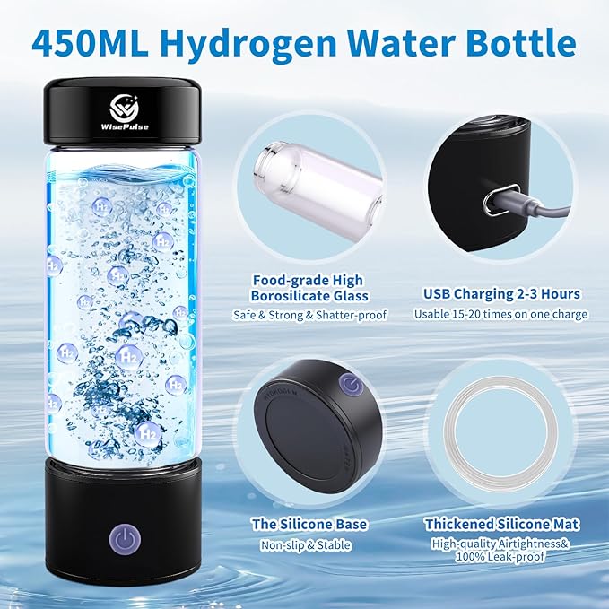 Hydrogen Water Bottle: 4500+ PPB Molecular Hydrogen Infusion - SPE/PEM Technology, 15OZ Hydrogen Water Bottle Glass Portable Rechargeable, Sports,Gym, Outdoor Travel