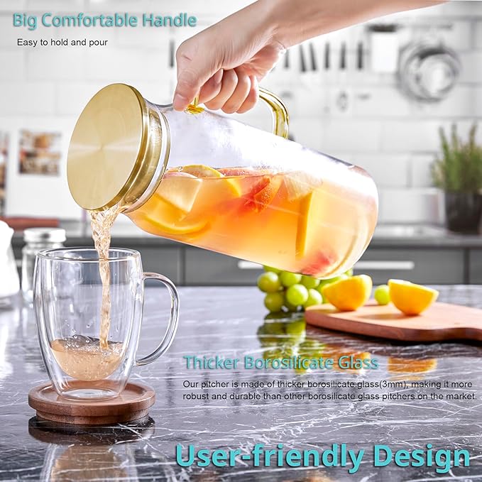 Bivvclaz 2 Pack 2 Liter 68 oz 2.1 Qt Gold Glass Pitcher with Lid and Handle, Water Pitcher for Fridge, Glass Carafe for Hot/Cold Water, Large Iced Tea Pitcher for Coffee, Juice and Homemade Beverage