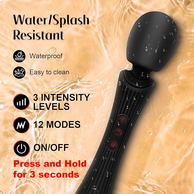 Handheld Cordless Personal Massager - Powerful 12 Vibration Patterns, 3 Speeds Settings & Waterproof, Body-Safe Silicone for Relaxation and Muscle Comfort in Neck, Shoulders and Foot - Black