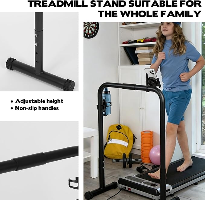 Walking Pad Handle Bar Attachment, Adjustable Treadmill Handrail Stand with Non-Slip Rubber Feet, Easy Assembly Safety Support for Under Desk Walking Pad, Home Office & Gym Use