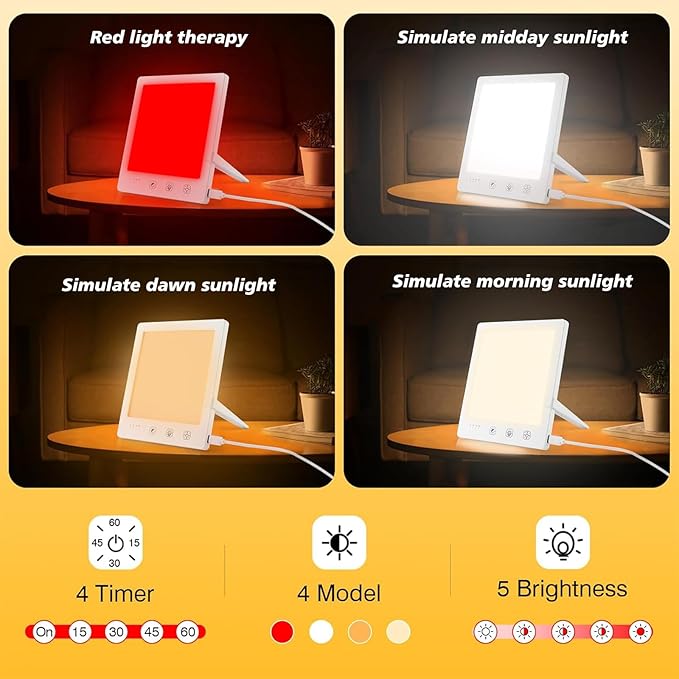 Sun Light Therapy Lamp with Red Light - 10000 Lux LED Sun Light Therapy Lamp for Face, Improving Mood, Energy, Sleep & Skin Care, with 4 Light Modes & 5 Brightness Levels, Timer, UV-Free