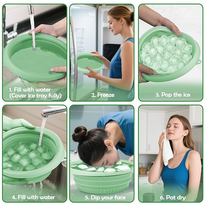 XANGNIER Face Bowl for Ice with Built-In Ice Tray – Collapsible Silicone Facial Ice Bath Bowl for Cold Plunge Therapy, Skin Tightening & Acne Relief – Green Portable Spa Tool for Home & Travel