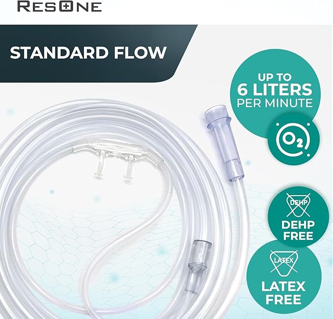 ResOne 4Ft Soft Adult Oxygen Nasal Cannula 1-Pack - Curved Prongs, Crush-Resistant Tubing - Nasal Tubes, Oxygen Concentrator Supplies - Soft Curved Nose Piece, Standard Size, Standard Flow 6 LPM