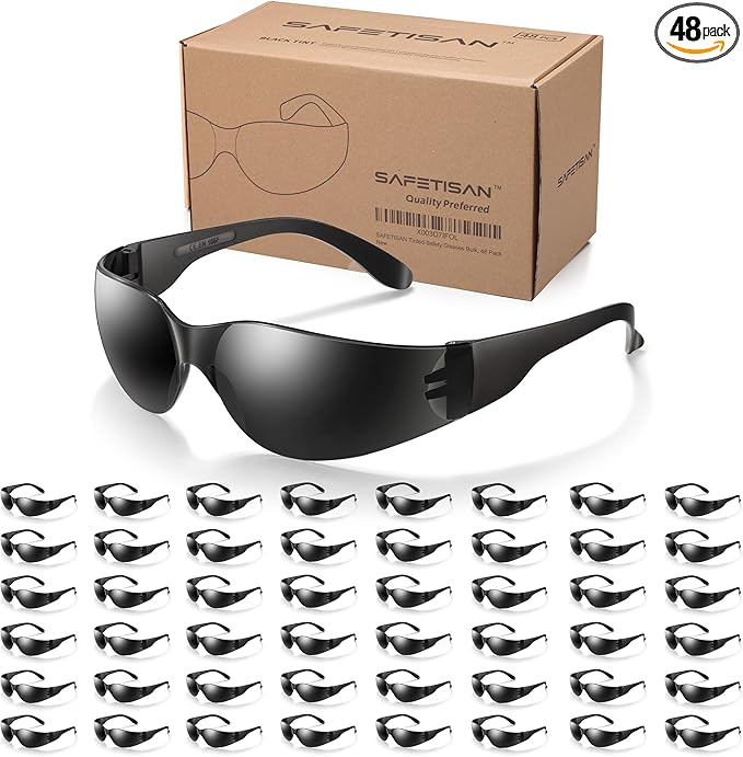Tinted Safety Glasses Bulk, 48 Pack, Protective Dark Safety Sunglasses for UV Protection, Scratch & Impact Resistant Smoke Lenses Ideal for Construction, Outdoor Work and Shooting