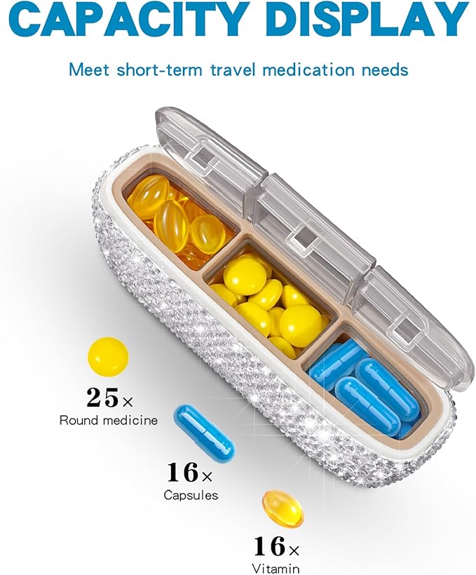 Bling Travel Pill Organizer Crystal Rhinestone 3 Compartments Independent Lid Portable Small Pill Case Box to Hold Vitamins Container for Pocket Purse Medicine Organizer