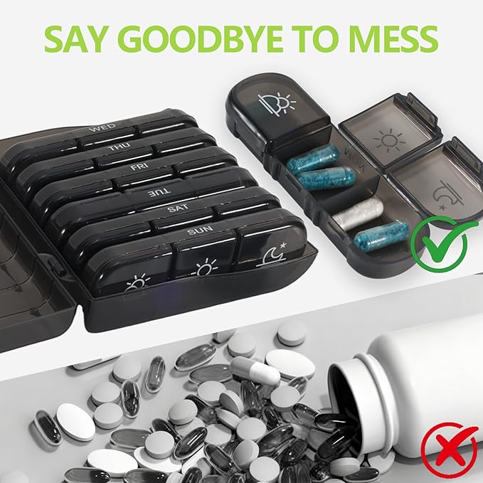 Aesthetic Pill Organizer/Pill Cases Organizers 7 Day with Date&Morning-Noon-Night Compartments,Black Privacy Protection Pill Organizer Aesthetic,2PCS