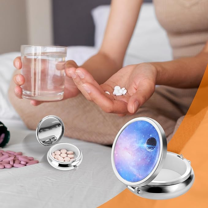Pill Box Cute Small Pill Box for Purse & Pocket Medicine Organizer Travel Pillbox Waterproof Pills Cases Metal Pills Container Holder for Vitamins, Fish Oil, Supplements (Colorful Sky)