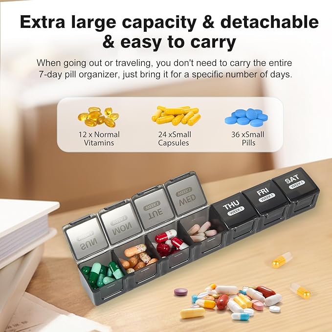Monthly Pill Organizer, Once a Day, 4 Weeks a Month, 28 Days in a Large Pill Box, Portable for Travel, can Hold a Large Amount of Vitamins, Supplements, Fish Oil, and Medication (Black)