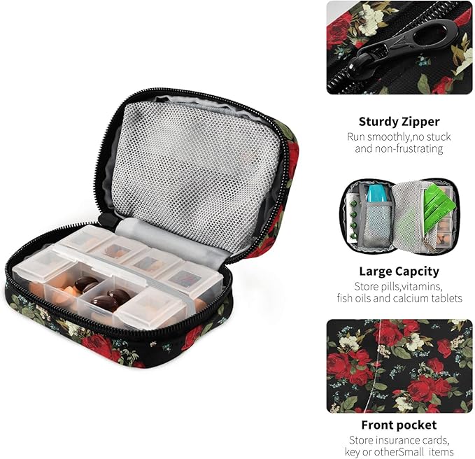 Floral Pattern Pill Case, Weekly Portable Pill Bag Container 7 Days Pill Box Organizer Vitamin Supplement Holder with Zipper for Travel Family Business