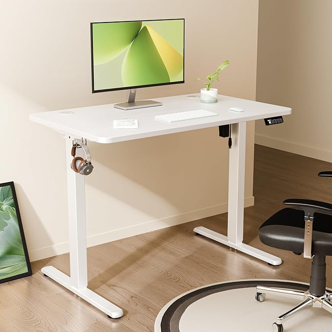 ERGOMAKER Electric Standing Desk, 39.4" x 23.6" Height Adjustable Sit Stand Desk with Splice Board for Home Office, Computer Desk Memory Preset (White Frame, White Desktop)