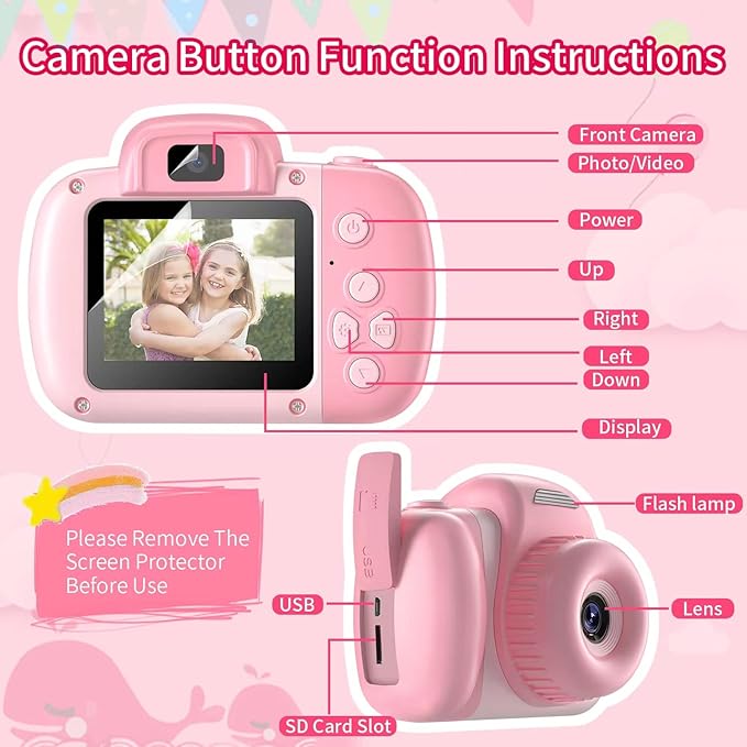 48MP Digital Dual Camera for Kids, 3-12 Years Old, with 2.0 Inch IPS Screen, 32GB SD Card, 1080P HD Video, Perfect for Toddler Birthday Gifts (Pink)