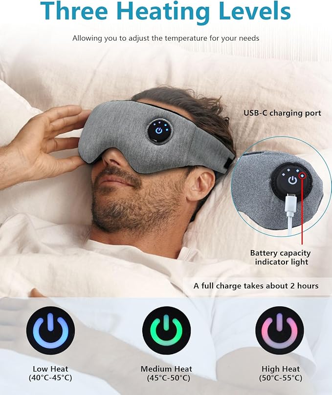 Heated Eye Mask for Dry Eyes, Cordless Warm Compress for Eye Relief, Electric Eye Heating Pad with Temperature Control for Blepharitis and Stye Treatment, Rechargeable, Washable