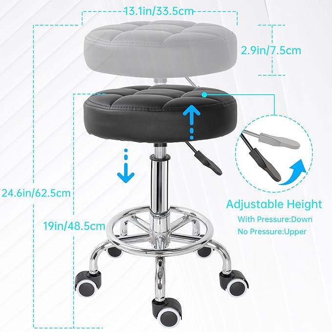 PU Leather Rolling Stool Height Adjustable Round Swivel Stools for Spa Salon Massage Work Chair with Foot Rest Black