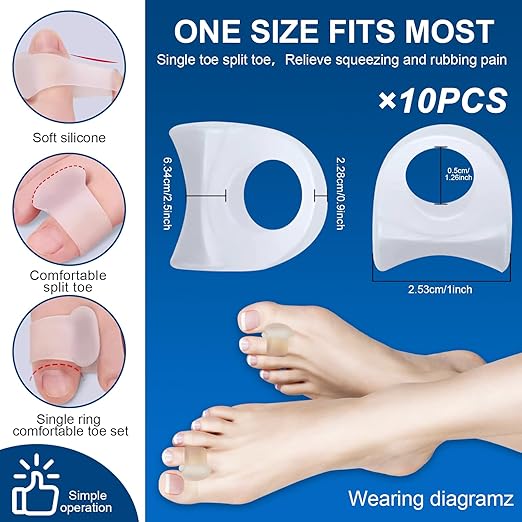 Pack of 10 Toe Spacers for Overlapping Toes, Gel Toe Separators for Men and Women, Correcting Bunions, Bunion Relief, Big Toe Alignment, Hammer Toe Straightener, Corrector and Spacer(Transparent)