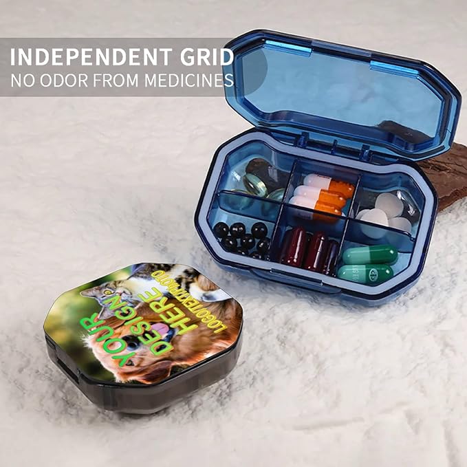 Customizable Portable 6-Compartment Pillbox, Printed with Your Photo, Text, and Logo. It can be Placed in Your Pocket or Wallet to Store Vitamins, Medicines/Health Supplements/Other medications.