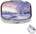 Square Pill Box 2 Compartment Medicine Pill Case Winter Landscape Pill Box for Purse Pocket Waterproof Metal Pill Container Portable Pill Holder Mini Pill Organizer for Travel or Daily
