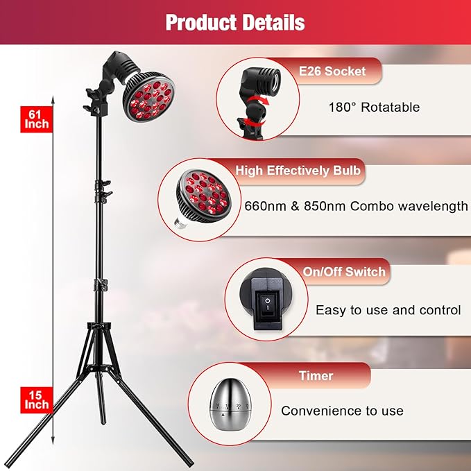 Red Light Therapy Lamp for Body and Face Use, 660nm Red Light and 850nm Near Infrared Light Combo, 36W Red Light Therapy Device with Stand (15-61in)