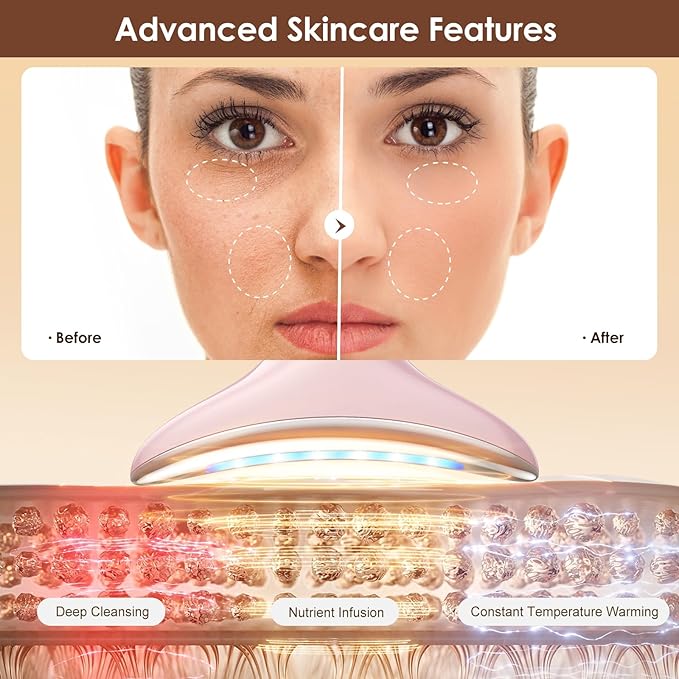 4-in-1 Multi-Area Beauty Care Device with Interchangeable Heads and Three Light Modes, Rechargeable Neck & Face Care Tool (Pastel Pink)