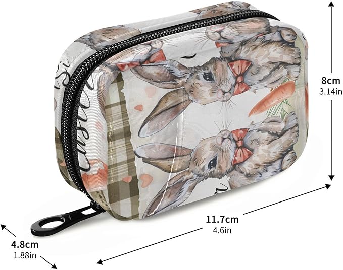 Brown Plaid Bunny Easter Travel Pill Organizer Case Box Container Weekly Portable Vitamin Medicine Holder Storage Bag with Zipper Removable