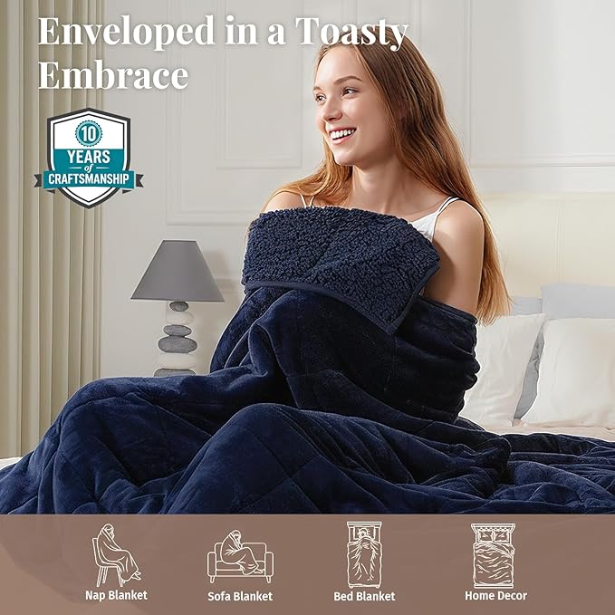 Topblan Sherpa Fleece Weighted Blanket 15lbs, Uniformed Color with Fuzzy Fleece and Shaggy Sherpa to Help with Better Sleep, 60x80 inches, Navy Blue