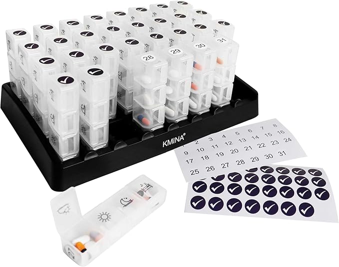 KMINA Monthly Pill Organizer 4 Times a Day, Vitamin Box Large, 31 Day Tablet, Elderly, Medication Organizer