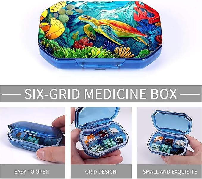 This Portable Colorful Coral Reef Sea Turtle Pattern 6 Compartment Pill Box Can Be Placed in A Pocket Or Wallet to Store Vitamins, Medicines Health Supplements Other Medications.