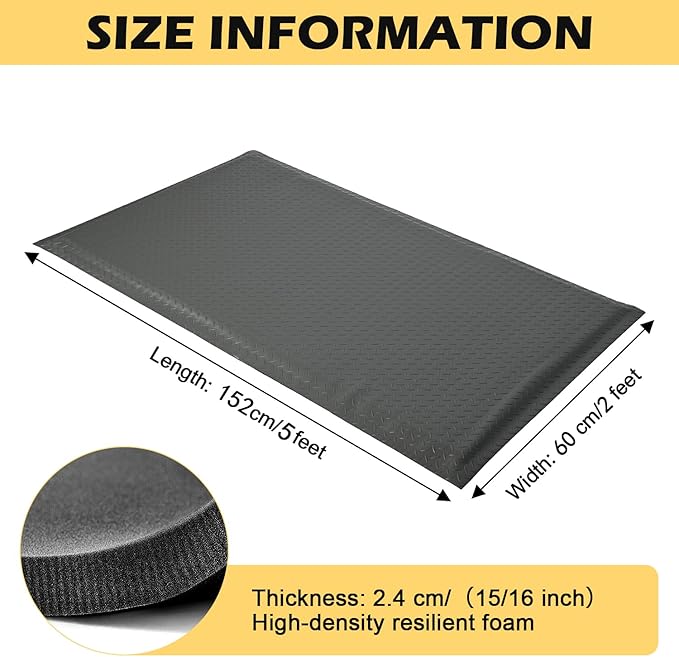2 x 5 FT Anti Fatigue Mats Industrial 15/16 Inch Thick Soft Sponge Ergonomic Mat Durable Heavy Duty Diamond Plate for Standing Non Slip Industrial Grade Floor Mat for Leg & Back Pain (Gray)