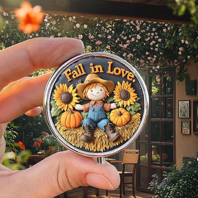 Portable Round 3 Compartment Metal Pill Box Fall Scarecrow Sunflowers Pumpkins Print Ideal for Kitchen Office Coffee Cafe Use