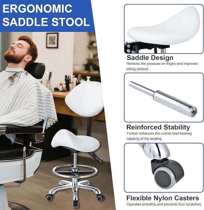 Saddle Stool with Adjustable Backrest and Footrest, Hydraulic Height Swivel Saddle Chair Ergonomic Rolling Stool with Wheels, Heavy Duty SaddleChair for Beauty Salon Spa Dentist tattooshop (White)