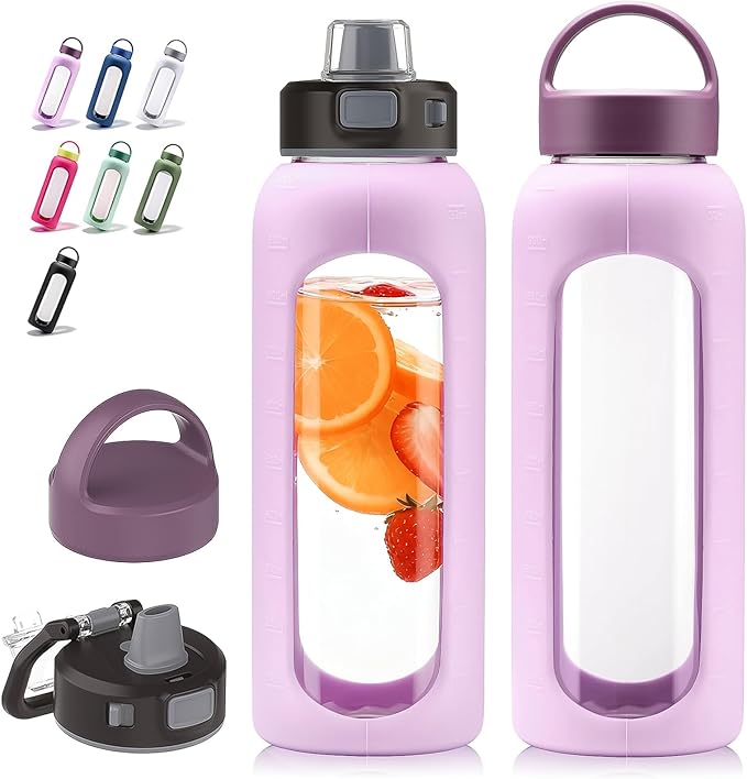 Kodrine Glass Water Bottle 32 oz-Light Purple/Borosilicate Glass Motivational Water Bottle with Straw and 2 Lids,Silicone Sleeve,Time Marker,Dishwasher Safe and BPA Free for Travel,Sports