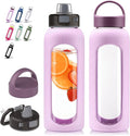 Kodrine Glass Water Bottle 32 oz-Light Purple/Borosilicate Glass Motivational Water Bottle with Straw and 2 Lids,Silicone Sleeve,Time Marker,Dishwasher Safe and BPA Free for Travel,Sports