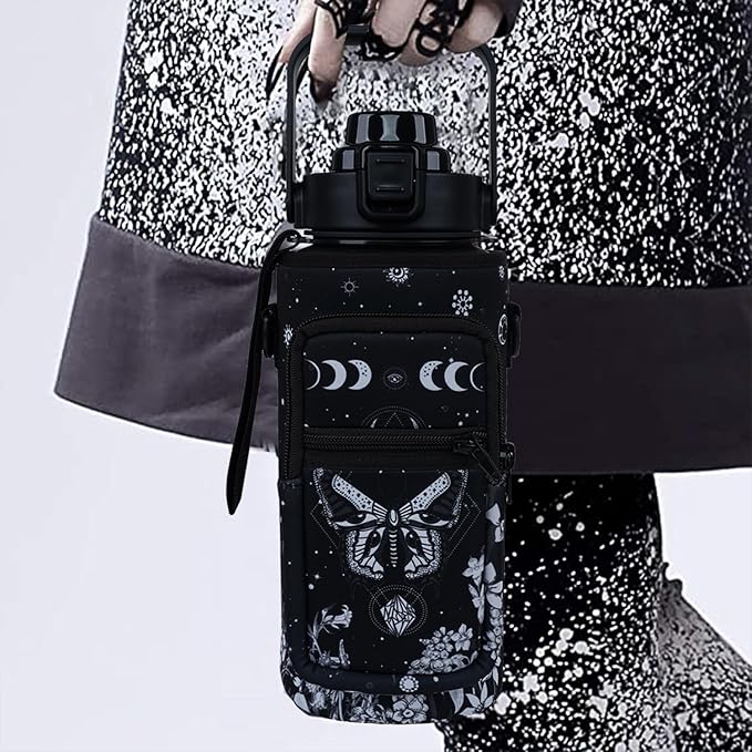 Goth Moon 64 oz Water Bottle with Sleeve - BPA-Free, Leakproof, Time Marker & Flip Top Lid - Motivational for Halloween Spooky Gifts for Women (Christmas, Birthday)