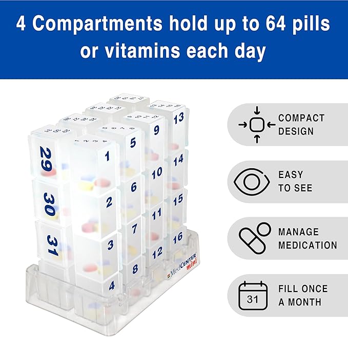 MEDCENTER Monthly Medication and Vitamin Organizer for Kitchen and Bathroom, HSA/FSA Monthly Travel Pill Holder for Medication - Gift for Mom, Dad, Elderly, Seniors