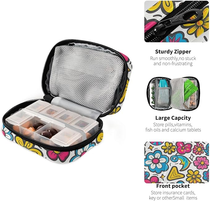 Cute Cartoon Flowers Travel Pill Case, Weekly Small Portable Pill Case 7 Days Vitamin Containers Organizer with Zipper