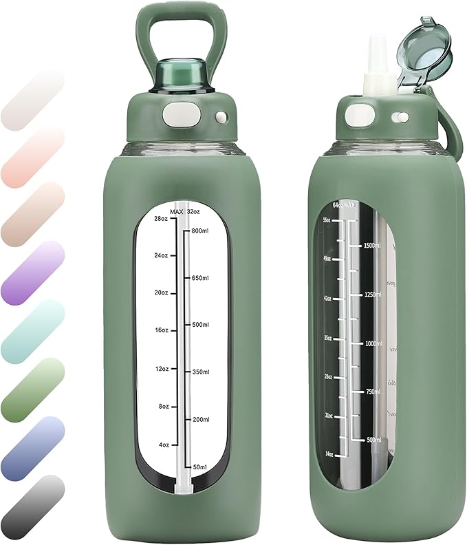 SIEROZUR 32 oz Glass Water Bottle with Straw and Handle 1 Liter Glass Water Bottle with Silicone Sleeve and Time Marker Sports Water Jug Wide Mouth for Travel Gym