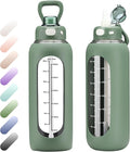 SIEROZUR 32 oz Glass Water Bottle with Straw and Handle 1 Liter Glass Water Bottle with Silicone Sleeve and Time Marker Sports Water Jug Wide Mouth for Travel Gym