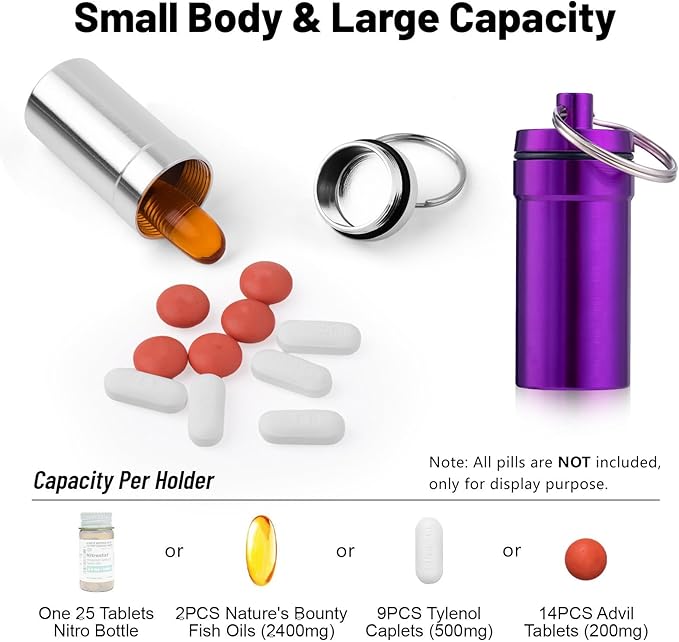Keychain Pill Holder for Nitroglycerin, 2 Pack Mini Waterproof Portable Travel Purse Pocket Pill Case, Keychain Fob Container for 25ct Nitro/Nitroglycerin Bottle (Purple + Silver)