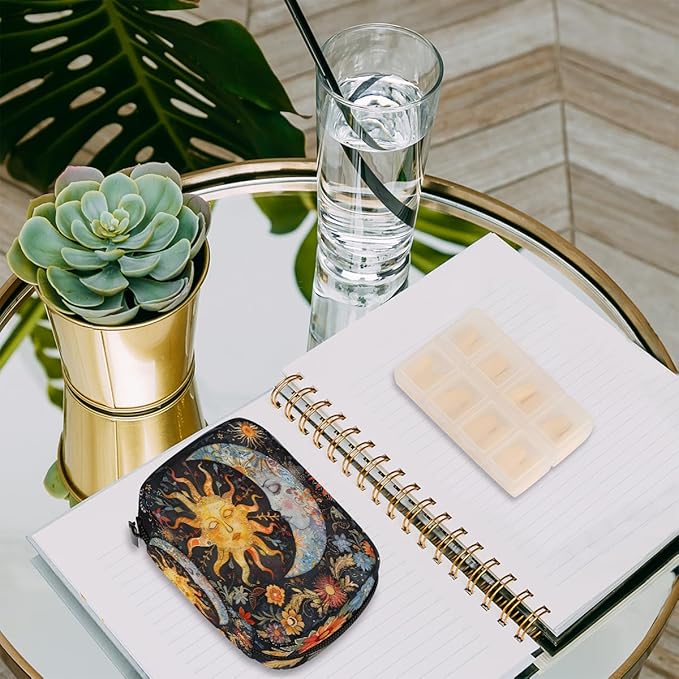 Abstract Sun Moon Flower Travel Pill Organizer Box Weekly Portable Pill Case Daily Pills 7 Day Small Birth Control Pills Container Removable Compartments for Medicine Vitamins Fish Oil