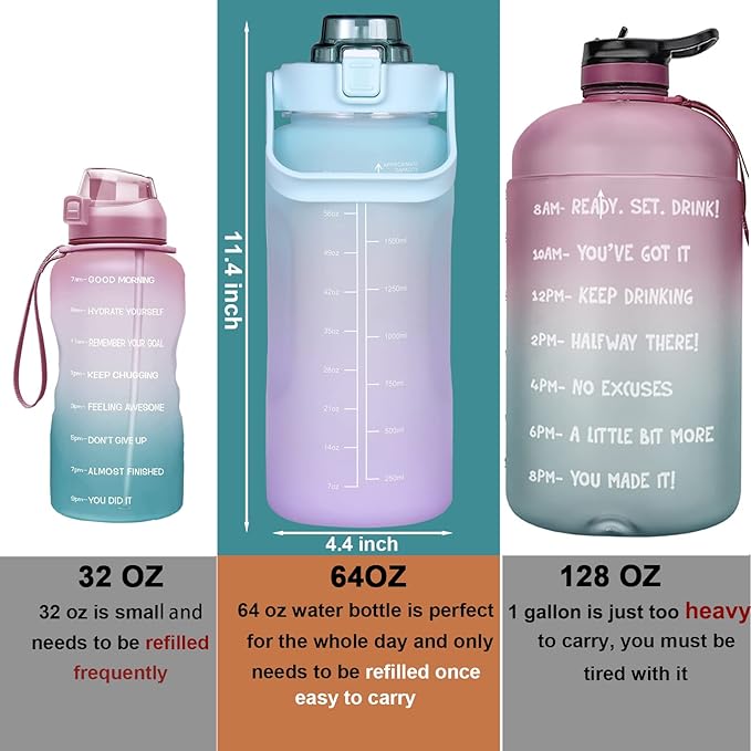 RYI Large Half Gallon 64 OZ Motivational Water Bottle with Straw Time Marker BPA Free for Sport and Fitness Blue Purple