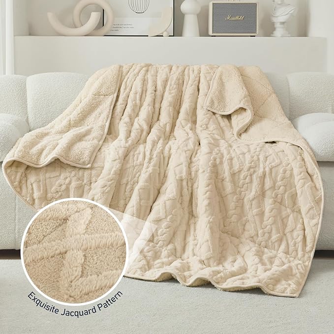 Wemore Weighted Blanket for Adults Twin Size 20 lbs, Dual Sided Soft Fuzzy Jacquard Sherpa Weighted Blankets for Sleeping, Cozy Fluffy Knitted Heavy Blanket for Couch Bed, Khaki, 60 x 80 inches
