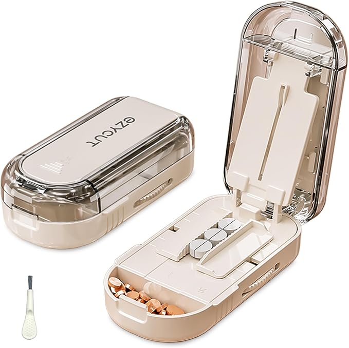 Pill Cutter Splitter for Small & Large Pills, Adjustable Pill Splitter with Safety Guard Hidden Stainless Steel Blade, Travel Tablet Vitamin Cutter Cutting into 1/2 (Cream)