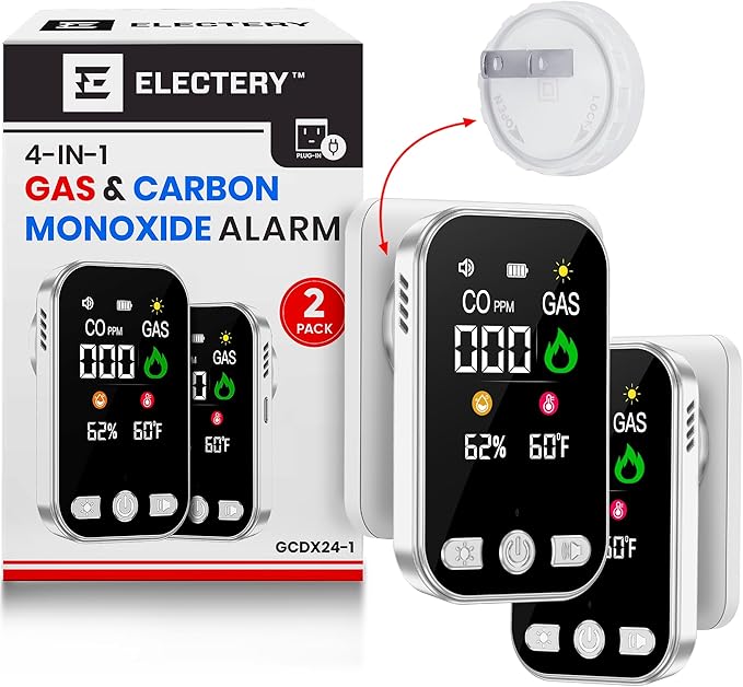 4-in-1 CO Detector & Natural Gas Leak Detector Alarm, Plug-in Carbon Monoxide Detectors with Battery Backup, Digital Display, Temp & Humidity, Portable for Home, Kitchen, RV (2 Pack)